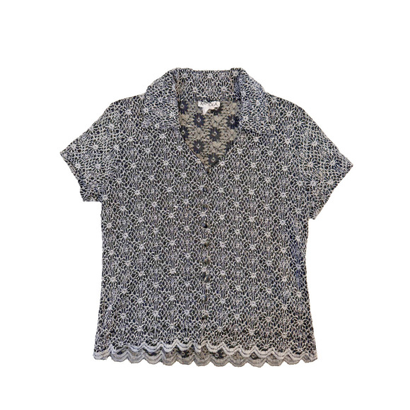 Vintage 90s Nicola Shirt Womens Medium Black White Crochet Lace Button Up USA - Picture 1 of 4